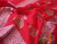 Tomato Red Banarasi Handloom Khaddi Georgette Kadhuwa Saree Saree – Handloom Saree Online India | Elegantt Drapes