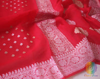 Tomato Red Banarasi Handloom Khaddi Georgette Kadhuwa Saree Saree – Handloom Saree Online India | Elegantt Drapes