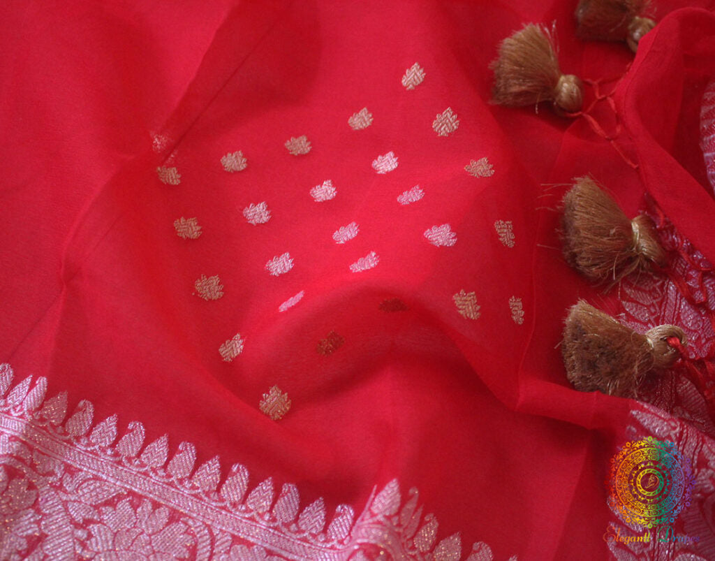 Tomato Red Banarasi Handloom Khaddi Georgette Kadhuwa Saree Saree – Handloom Saree Online India | Elegantt Drapes