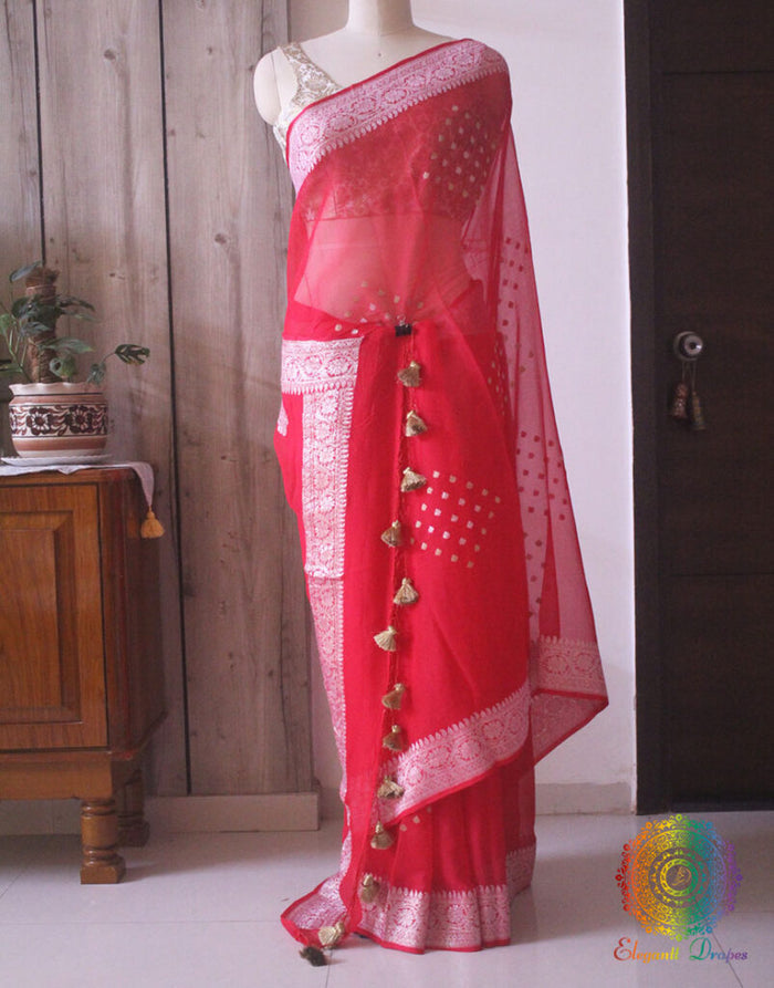 Tomato Red Banarasi Handloom Khaddi Georgette Kadhuwa Saree Saree – Handloom Saree Online India | Elegantt Drapes