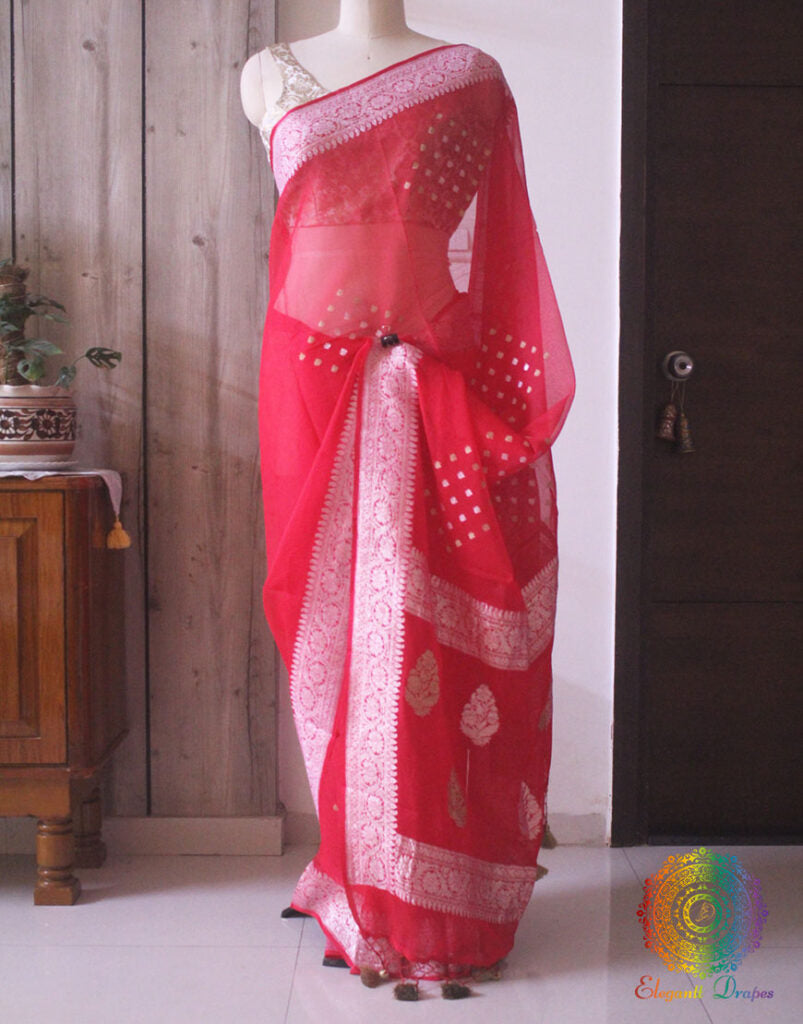 Tomato Red Banarasi Handloom Khaddi Georgette Kadhuwa Saree Saree – Handloom Saree Online India | Elegantt Drapes