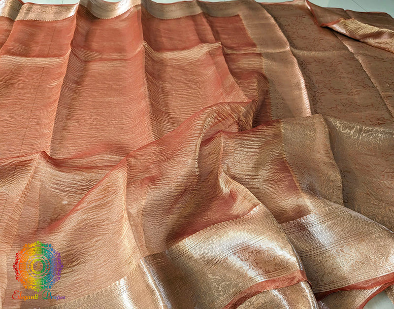 Rust Pure Banarasi Crushed Tissue Silk Saree – Handloom Saree Online India | Elegantt Drapes