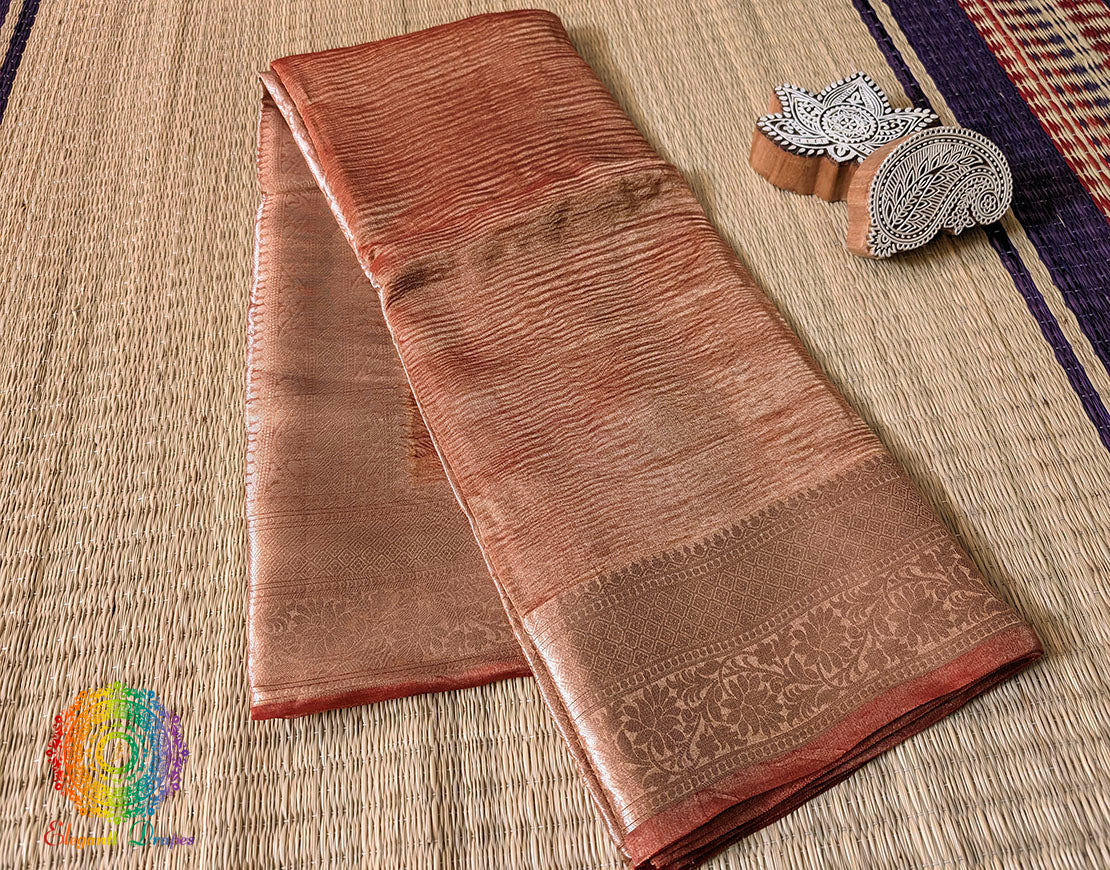 Rust Pure Banarasi Crushed Tissue Silk Saree – Handloom Saree Online India | Elegantt Drapes
