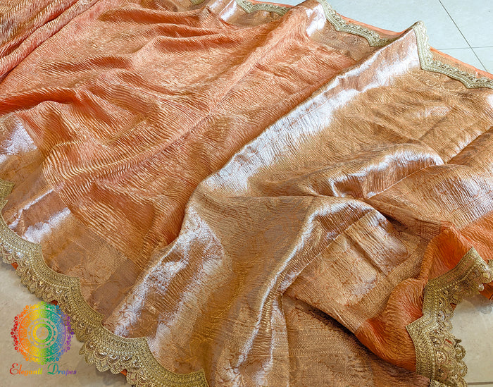Orange Pure Banarasi Crushed Tissue Silk Saree – Handloom Saree Online India | Elegantt Drapes