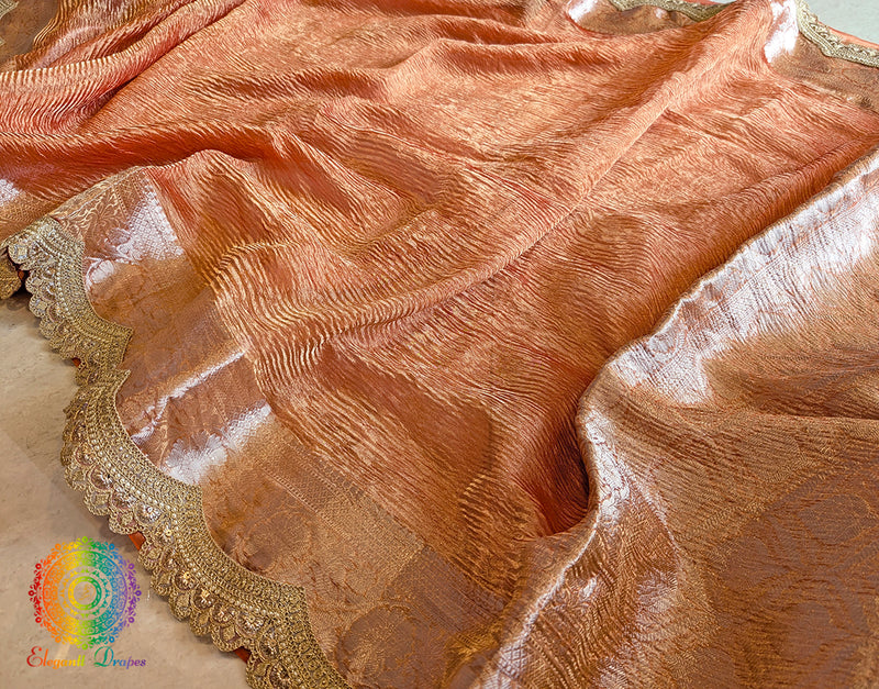 Orange Pure Banarasi Crushed Tissue Silk Saree – Handloom Saree Online India | Elegantt Drapes