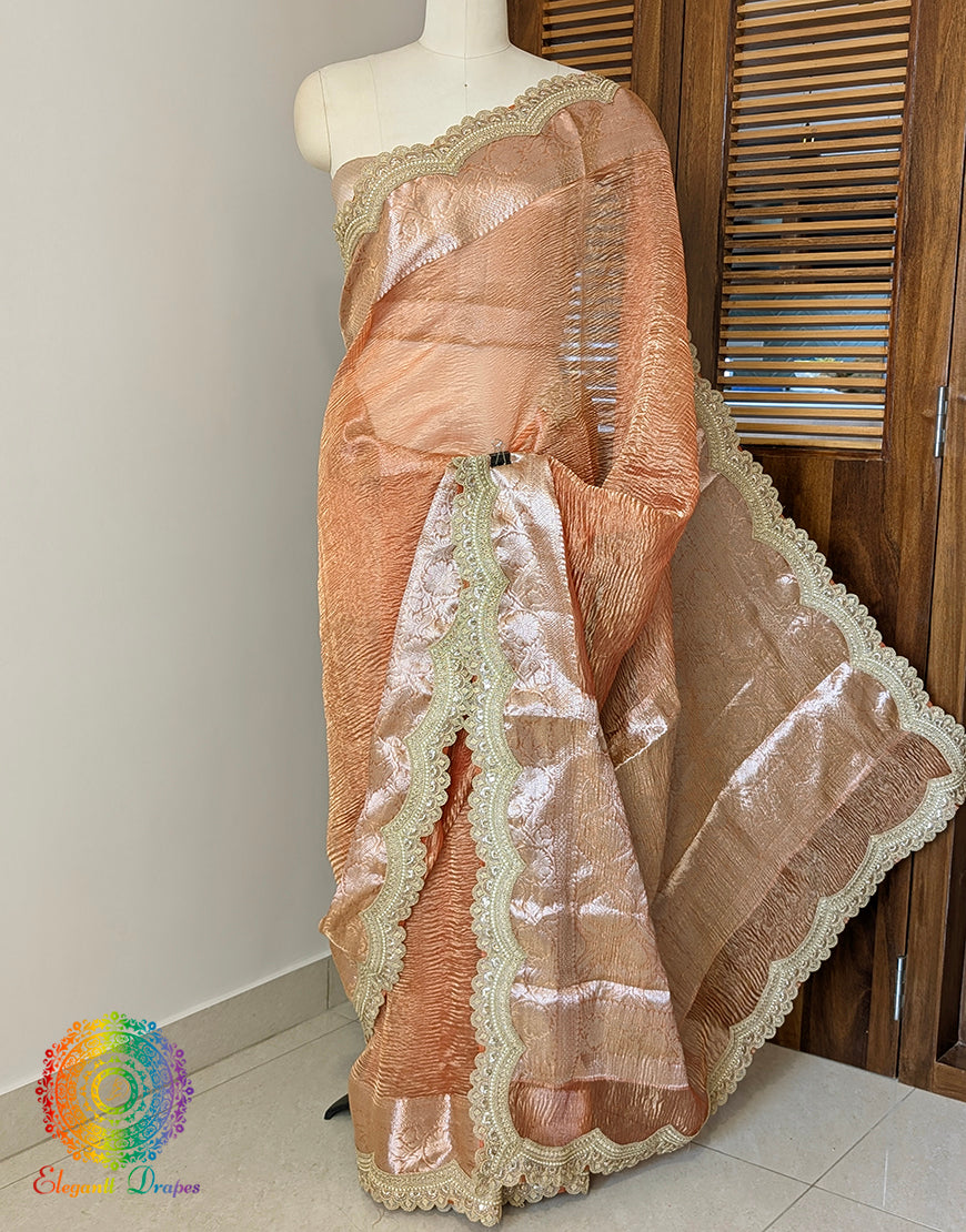 Orange Pure Banarasi Crushed Tissue Silk Saree – Handloom Saree Online India | Elegantt Drapes