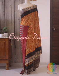 Rust Pure Gaji Silk Bandhani Ajrakh Saree | Elegantt Drapes