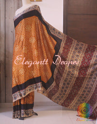 Rust Pure Gaji Silk Bandhani Ajrakh Saree | Elegantt Drapes