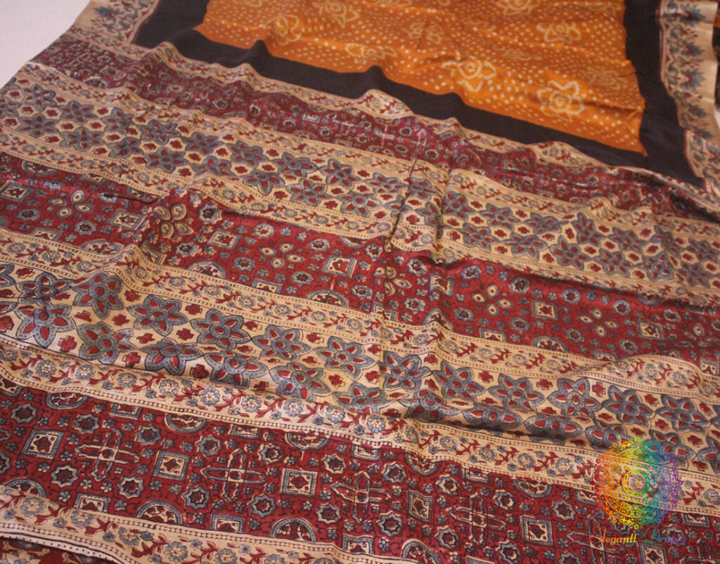 Rust Pure Gaji Silk Bandhani Ajrakh Saree | Elegantt Drapes