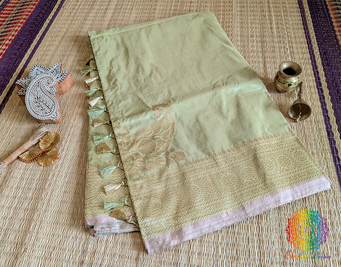 Sage Green Banarasi Handloom Katan Silk Konia Saree – Handloom Saree Online India | Elegantt Drapes