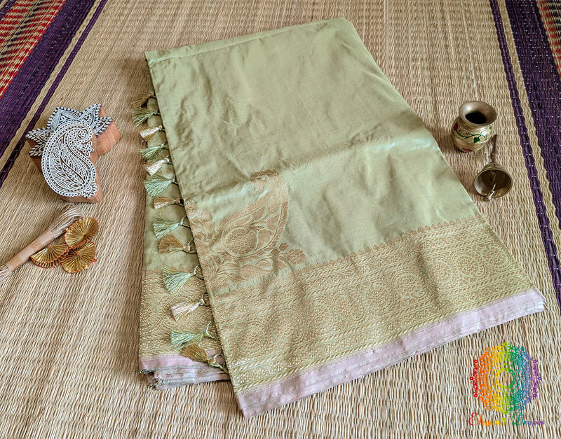 Sage Green Banarasi Handloom Katan Silk Konia Saree – Handloom Saree Online India | Elegantt Drapes