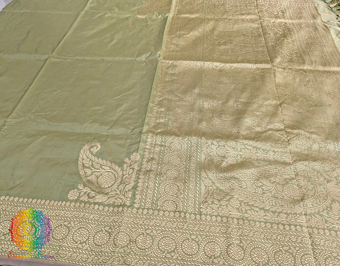 Sage Green Banarasi Handloom Katan Silk Konia Saree – Handloom Saree Online India | Elegantt Drapes