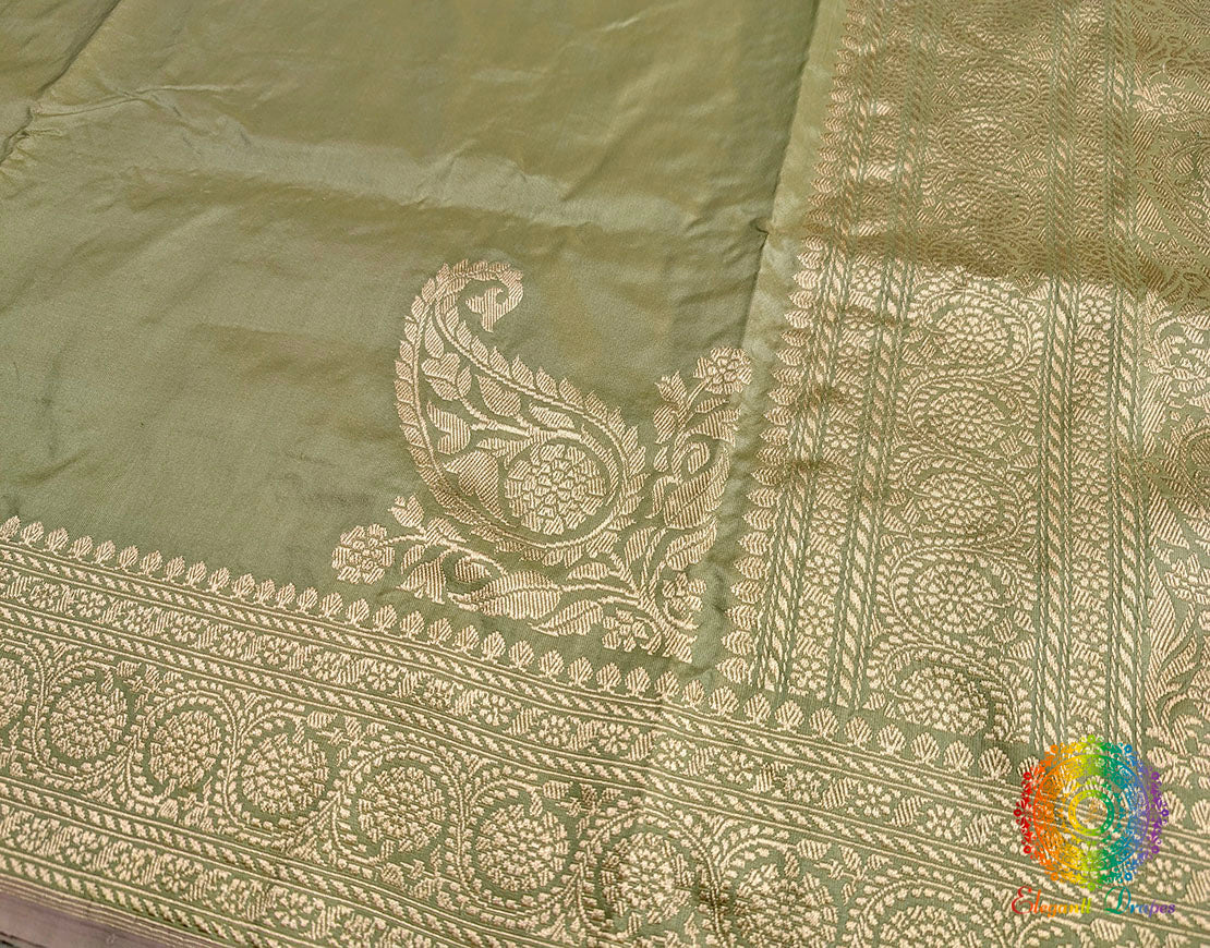 Sage Green Banarasi Handloom Katan Silk Konia Saree – Handloom Saree Online India | Elegantt Drapes