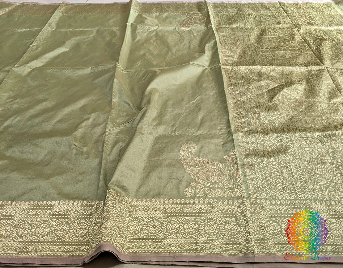 Sage Green Banarasi Handloom Katan Silk Konia Saree – Handloom Saree Online India | Elegantt Drapes