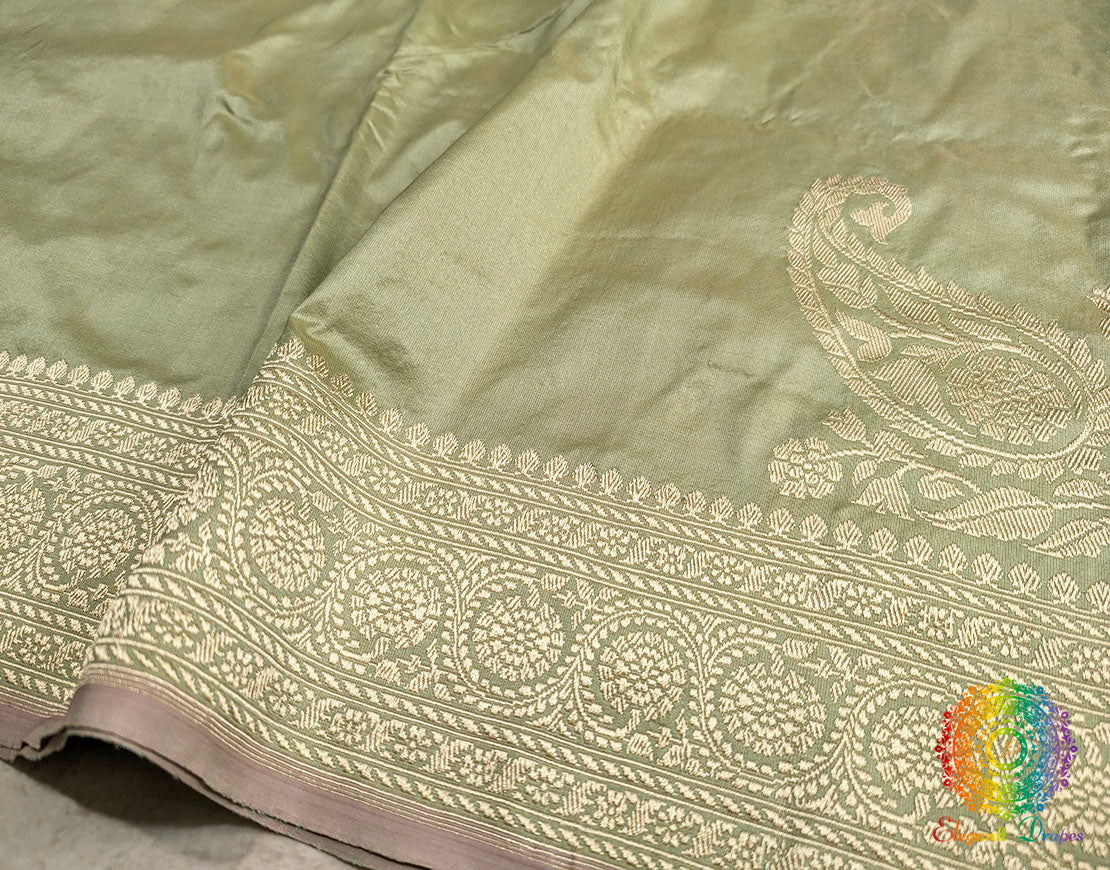 Sage Green Banarasi Handloom Katan Silk Konia Saree – Handloom Saree Online India | Elegantt Drapes