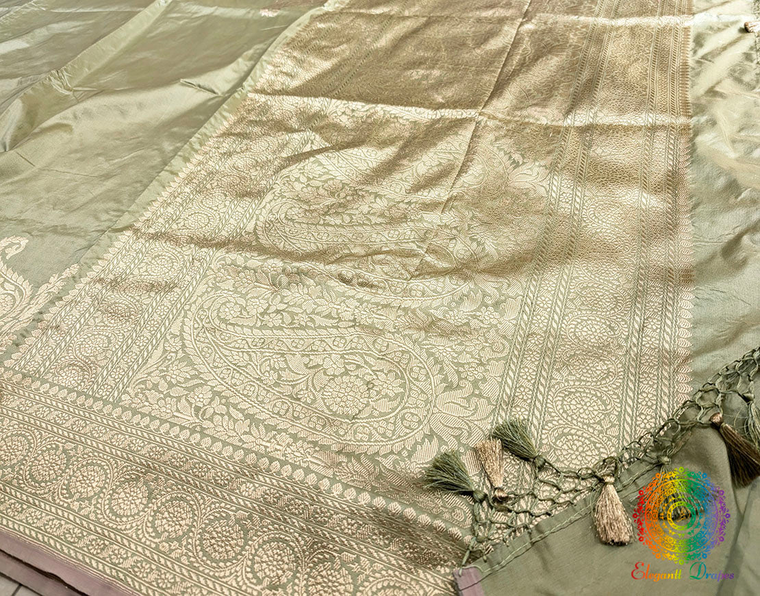 Sage Green Banarasi Handloom Katan Silk Konia Saree – Handloom Saree Online India | Elegantt Drapes