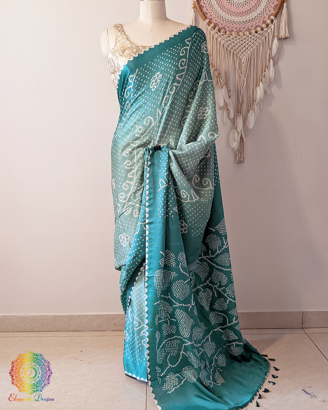 Sea Green Pure Gajji Silk Bandhani Saree – Bandhani Saree Online India | Elegantt Drapes