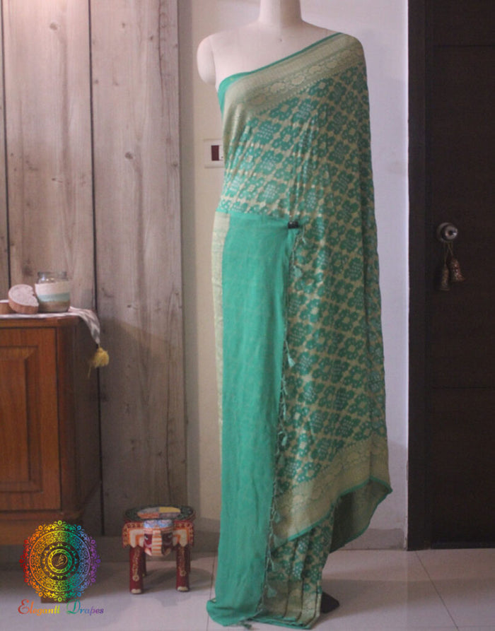 Sea Green Pure Banarasi Khaddi Georgette Bandhani Saree – Bandhani Saree Online India | Elegantt Drapes