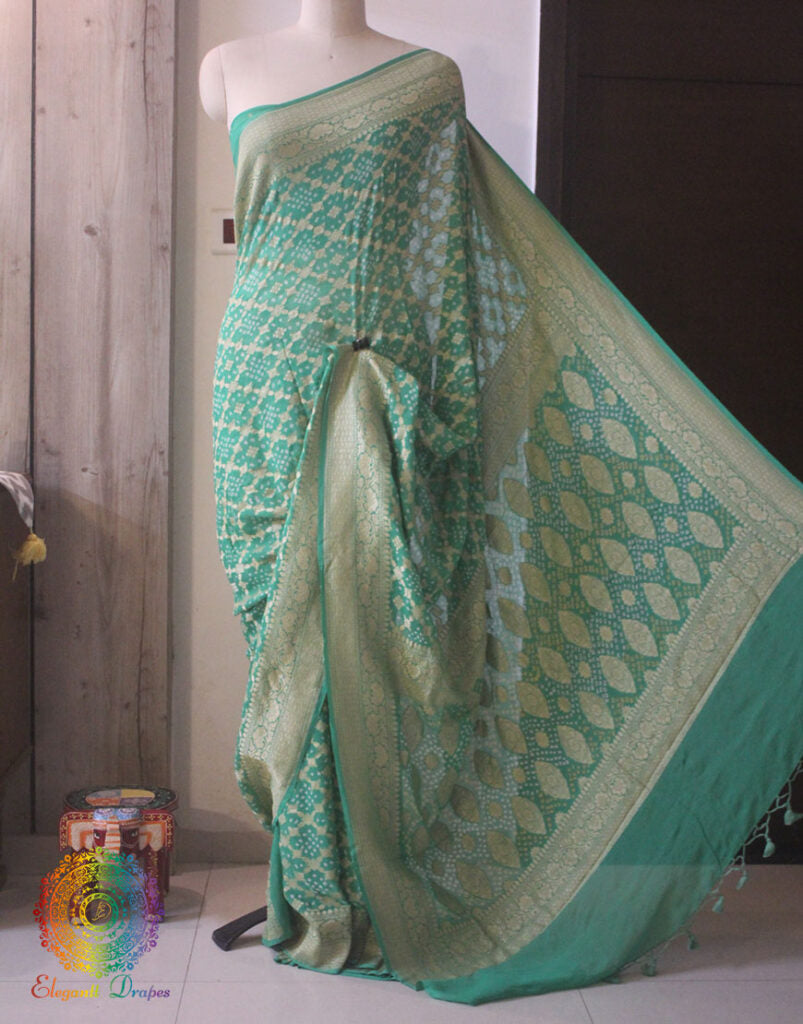 Sea Green Pure Banarasi Khaddi Georgette Bandhani Saree – Bandhani Saree Online India | Elegantt Drapes