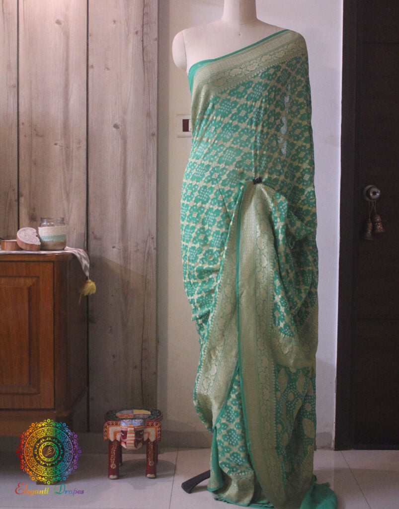Sea Green Pure Banarasi Khaddi Georgette Bandhani Saree – Bandhani Saree Online India | Elegantt Drapes