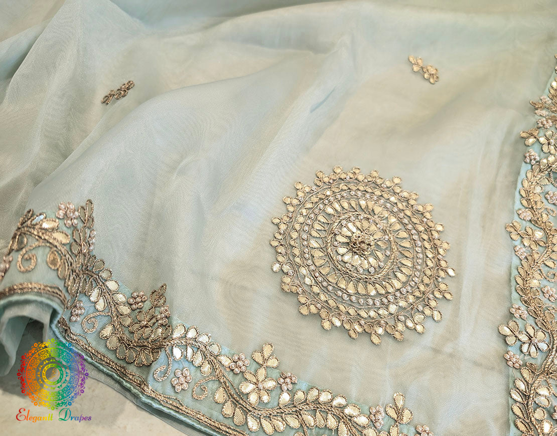 Sea Green Tissue Organza Gota Patti Handwork Saree – Handloom Saree Online India | Elegantt Drapes