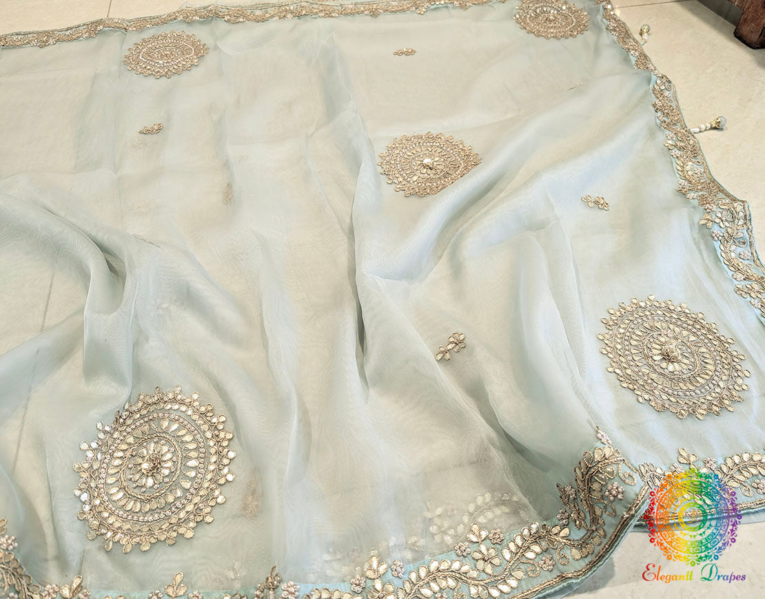 Sea Green Tissue Organza Gota Patti Handwork Saree – Handloom Saree Online India | Elegantt Drapes