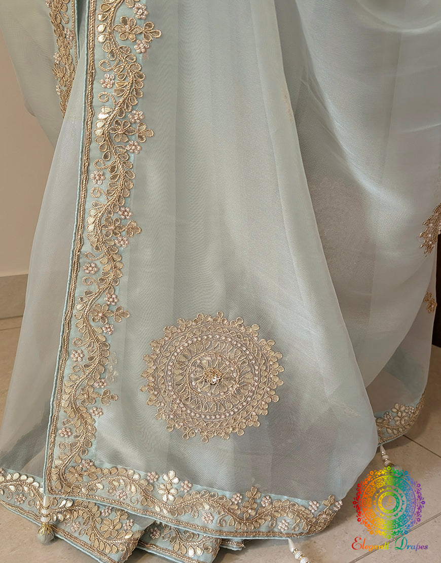 Sea Green Tissue Organza Gota Patti Handwork Saree – Handloom Saree Online India | Elegantt Drapes