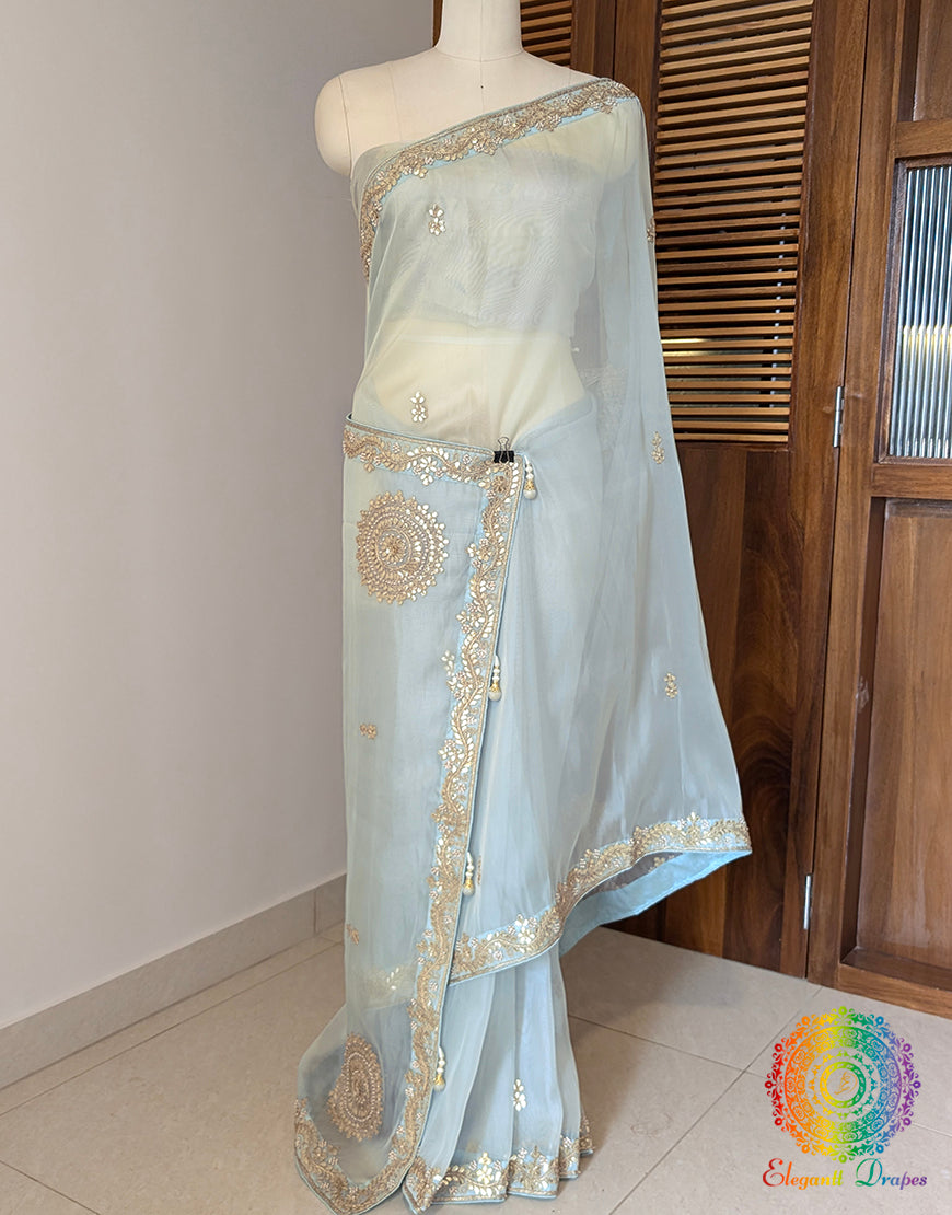 Sea Green Tissue Organza Gota Patti Handwork Saree – Handloom Saree Online India | Elegantt Drapes