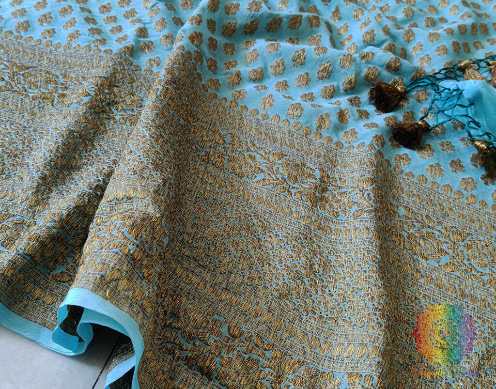 Sky Blue Banarasi Handloom Pure Khaddi Georgete Saree – Handloom Saree Online India | Elegantt Drapes