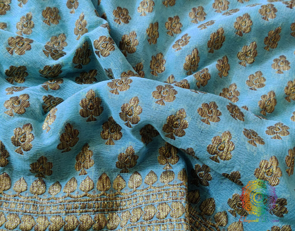 Sky Blue Banarasi Handloom Pure Khaddi Georgete Saree – Handloom Saree Online India | Elegantt Drapes