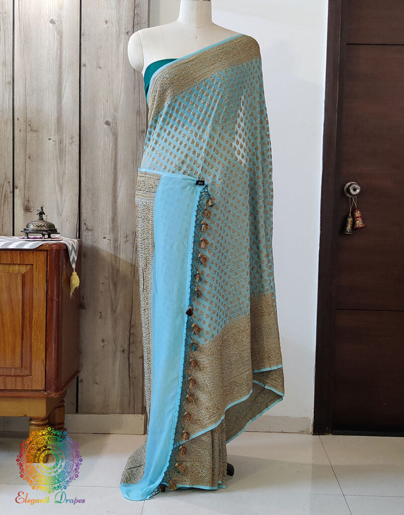 Sky Blue Banarasi Handloom Pure Khaddi Georgete Saree – Handloom Saree Online India | Elegantt Drapes