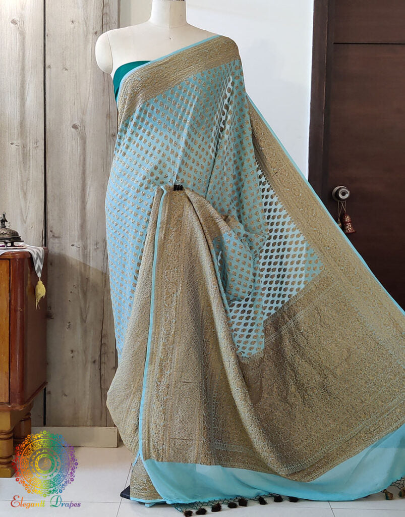 Sky Blue Banarasi Handloom Pure Khaddi Georgete Saree – Handloom Saree Online India | Elegantt Drapes