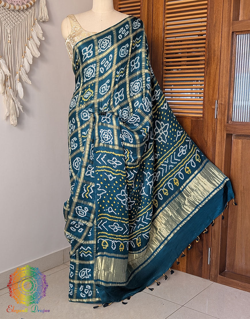 Turquoise Gharchola saree pallu with Bandhej detailing
