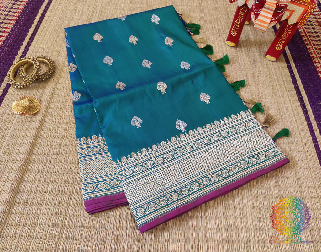 Turquoise Banarasi Handloom Pure Katan Silk Konia Saree – Handloom Saree Online India | Elegantt Drapes