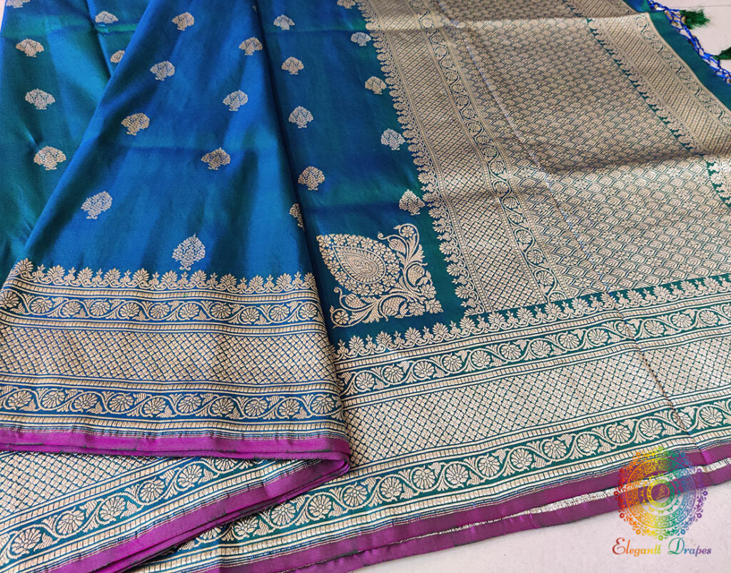 Turquoise Banarasi Handloom Pure Katan Silk Konia Saree – Handloom Saree Online India | Elegantt Drapes