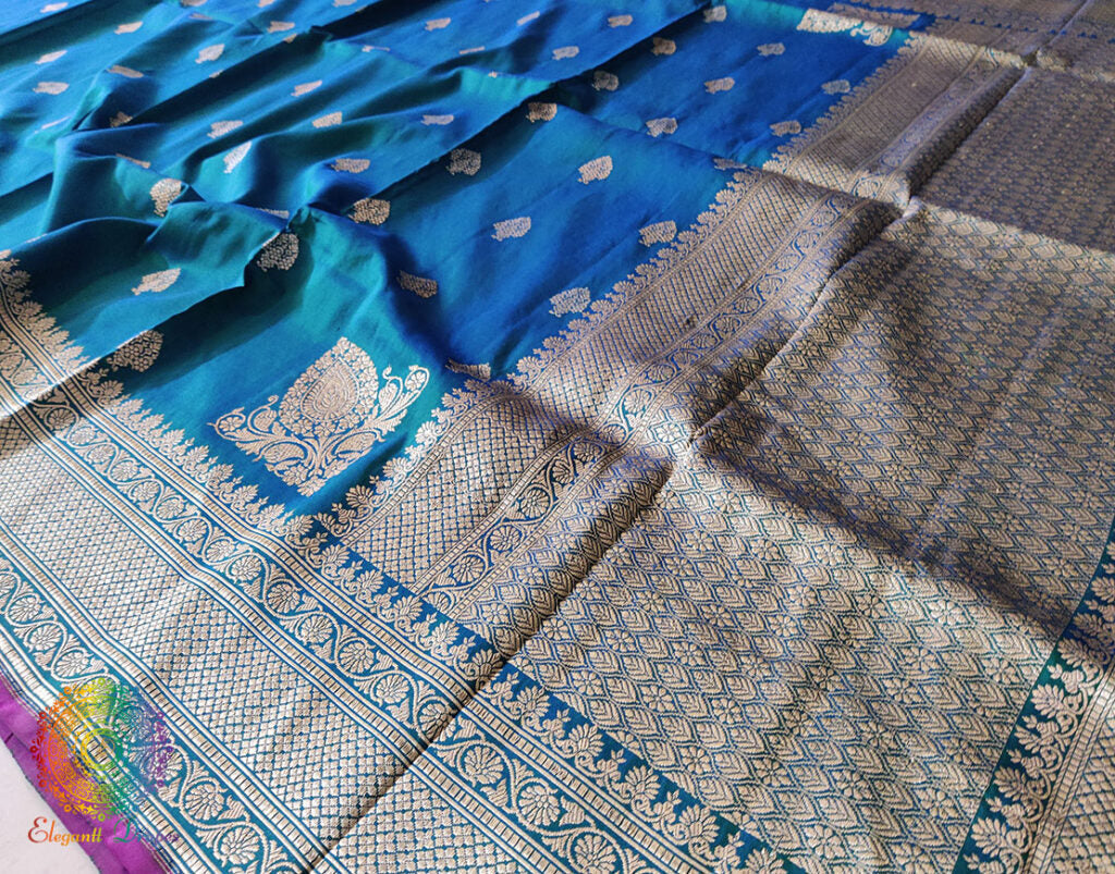 Turquoise Banarasi Handloom Pure Katan Silk Konia Saree – Handloom Saree Online India | Elegantt Drapes