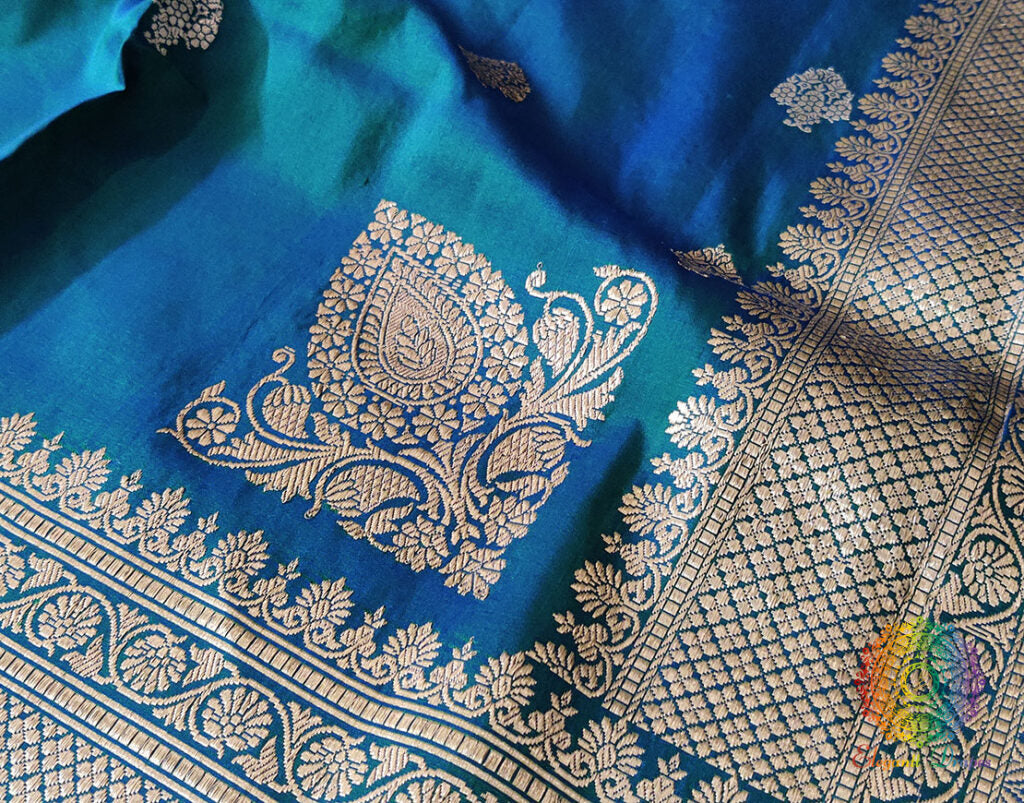 Turquoise Banarasi Handloom Pure Katan Silk Konia Saree – Handloom Saree Online India | Elegantt Drapes