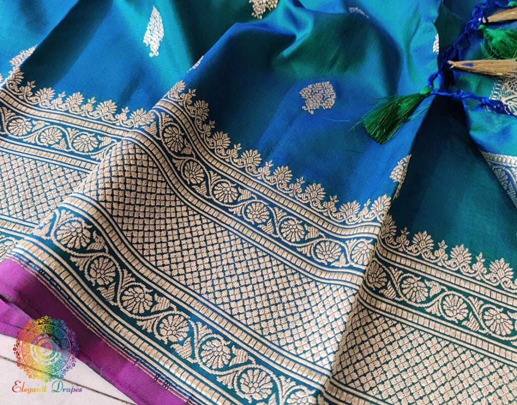 Turquoise Banarasi Handloom Pure Katan Silk Konia Saree – Handloom Saree Online India | Elegantt Drapes
