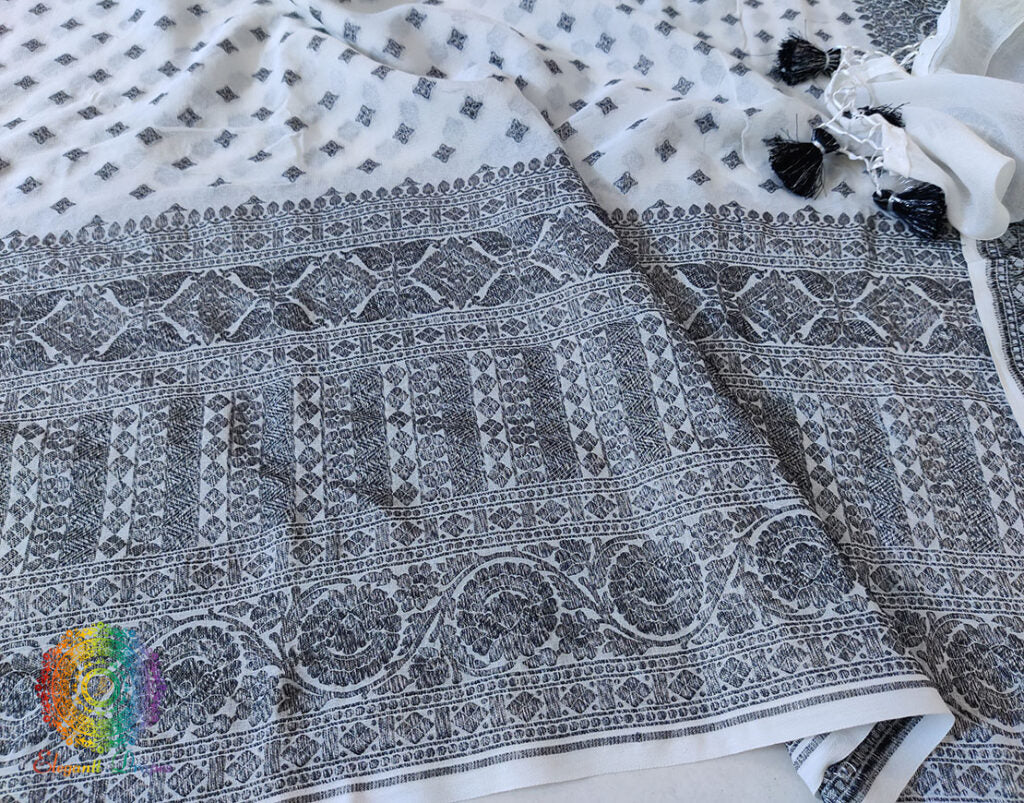 White Black Banarasi Handloom Pure Khaddi Georgete Saree – Handloom Saree Online India | Elegantt Drapes