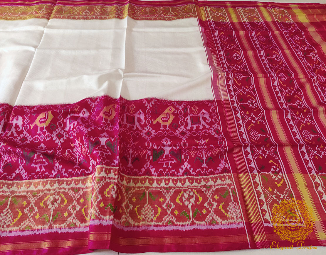 White Pink Pure Mulberry Silk Rajkot Patola Saree – Handloom Saree Online India | Elegantt Drapes