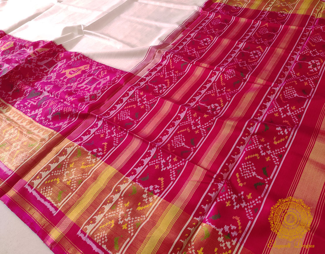 White Pink Pure Mulberry Silk Rajkot Patola Saree – Handloom Saree Online India | Elegantt Drapes