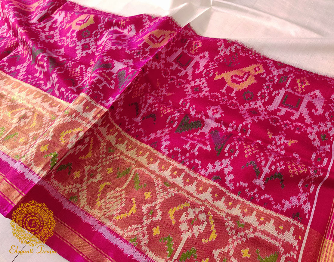 White Pink Pure Mulberry Silk Rajkot Patola Saree – Handloom Saree Online India | Elegantt Drapes