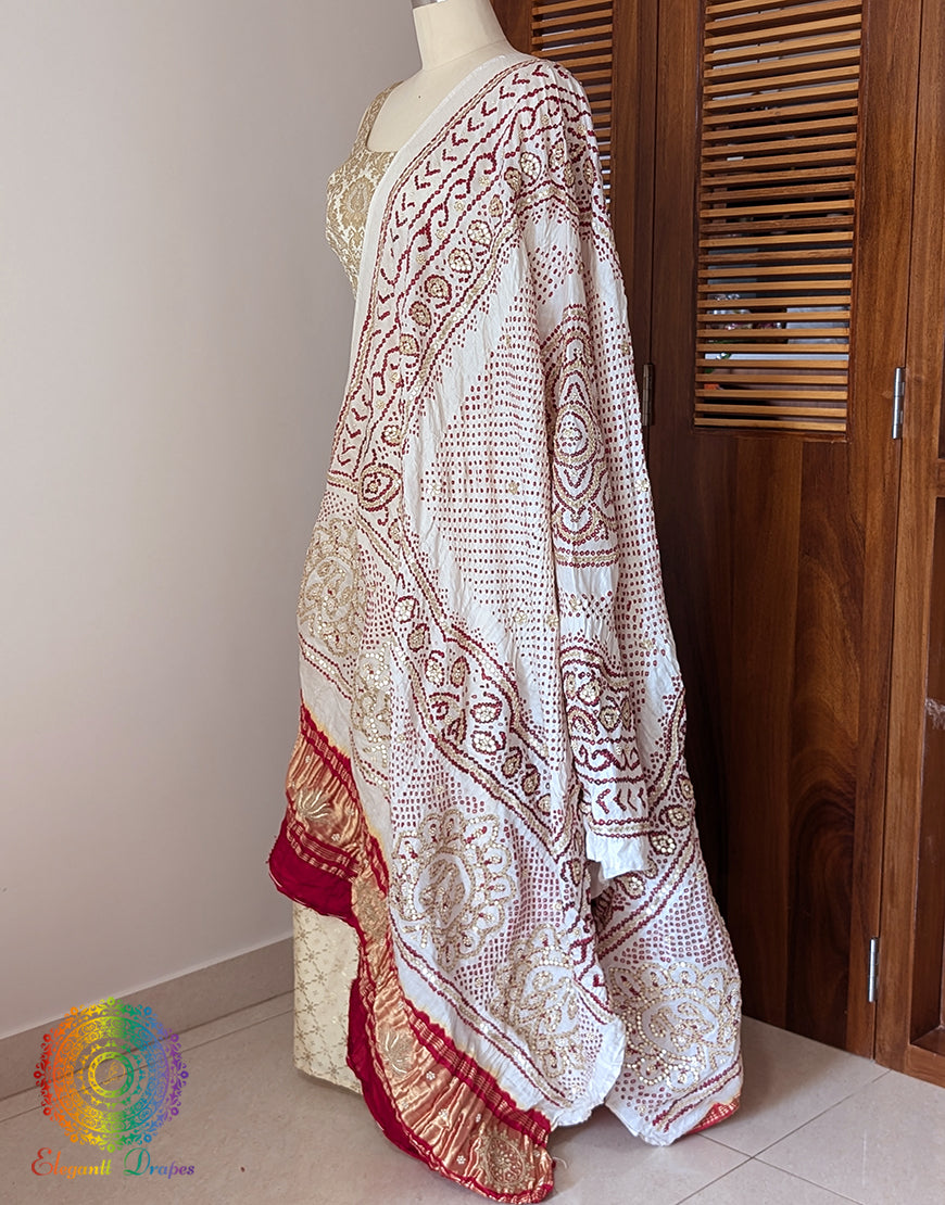 White Gaji Silk Bandhani Gota Handwork Dupatta – Bandhani Saree Online India | Elegantt Drapes