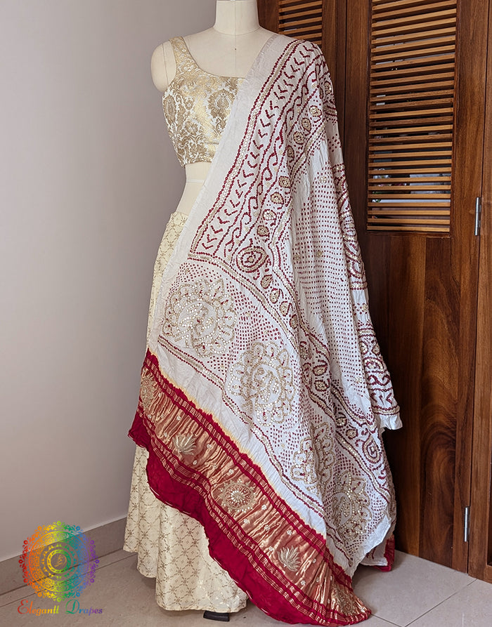 White Gaji Silk Bandhani Gota Handwork Dupatta – Bandhani Saree Online India | Elegantt Drapes