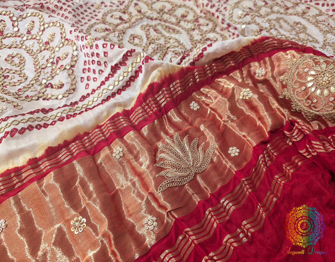 White Gaji Silk Bandhani Gota Handwork Dupatta – Bandhani Saree Online India | Elegantt Drapes