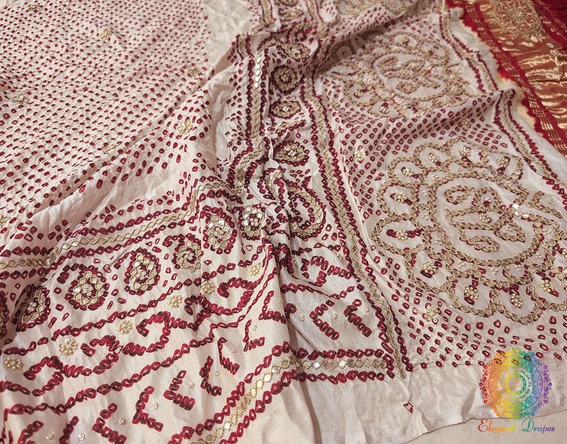 White Gaji Silk Bandhani Gota Handwork Dupatta – Bandhani Saree Online India | Elegantt Drapes