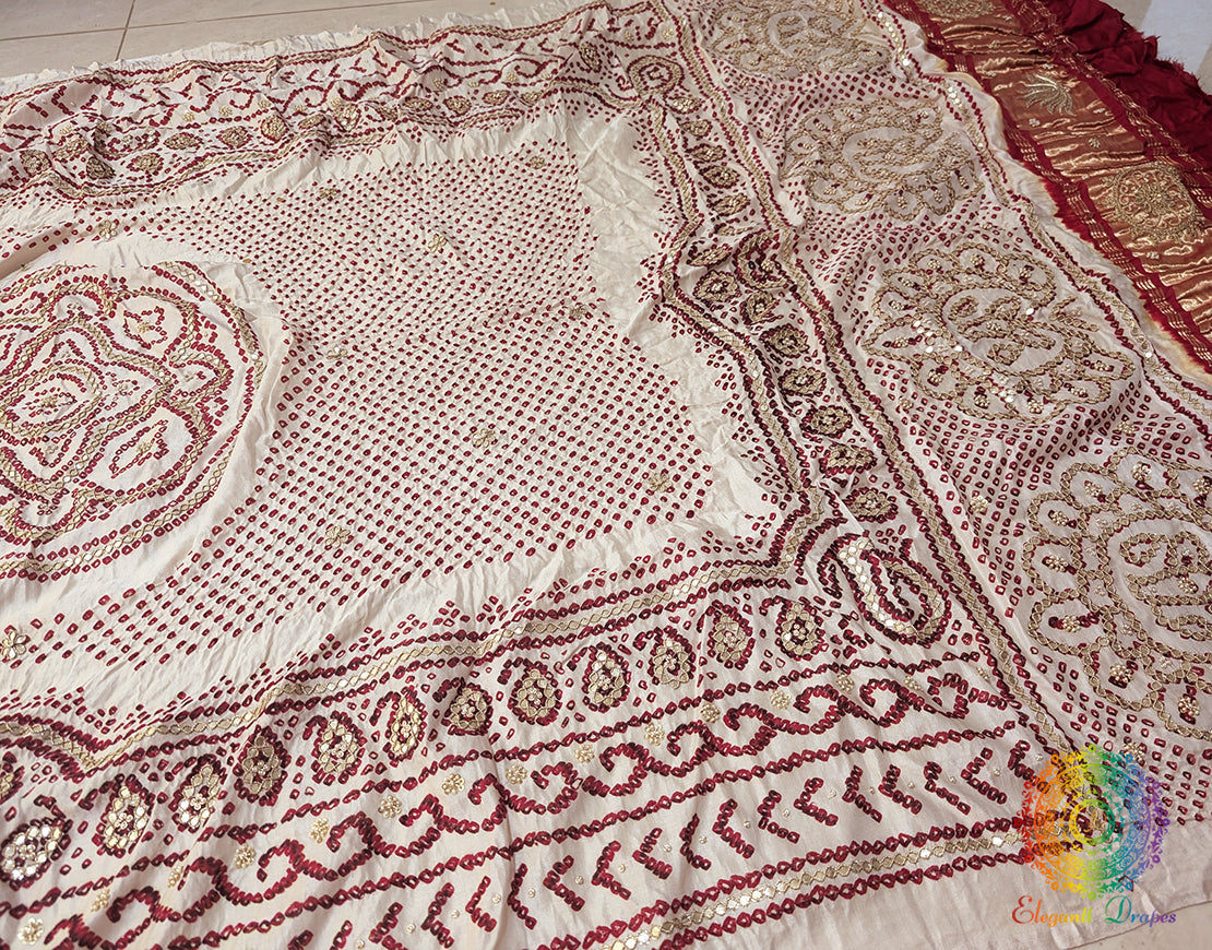 White Gaji Silk Bandhani Gota Handwork Dupatta – Bandhani Saree Online India | Elegantt Drapes