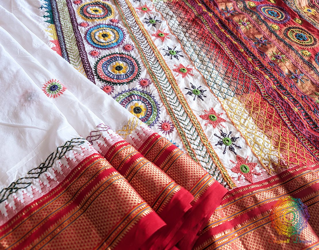 White Red Pure Ilkal Silk Lambani Handwork Saree – Ilkal Handloom Saree Online India | Elegantt Drapes