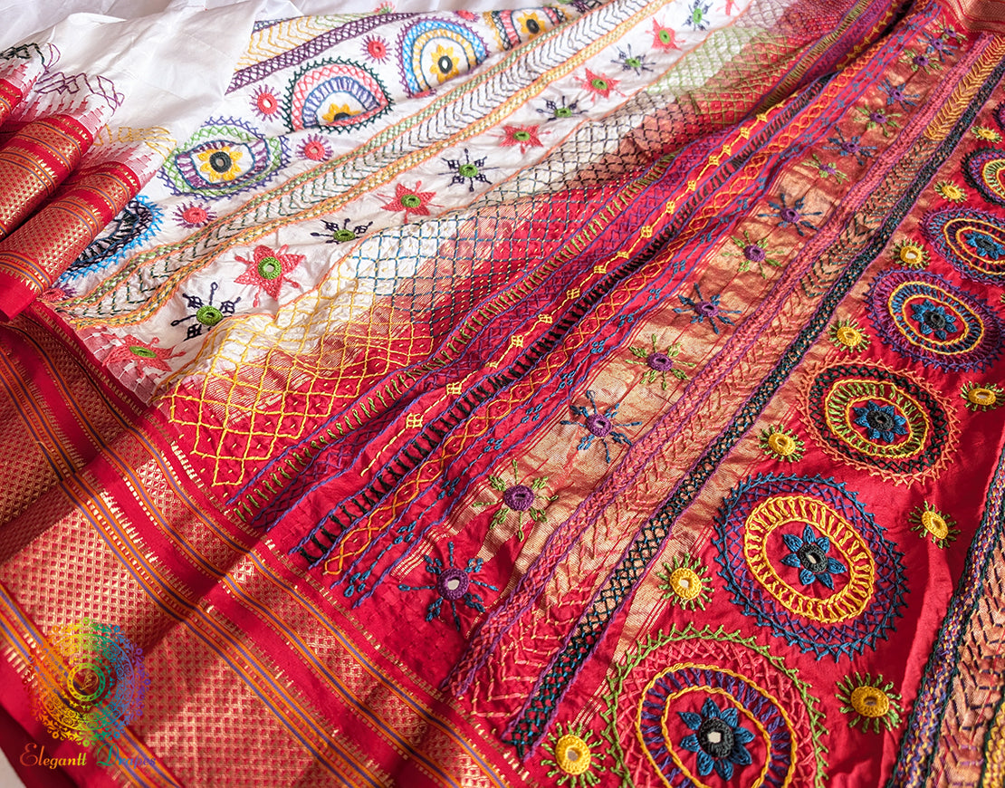 White Red Pure Ilkal Silk Lambani Handwork Saree – Ilkal Handloom Saree Online India | Elegantt Drapes