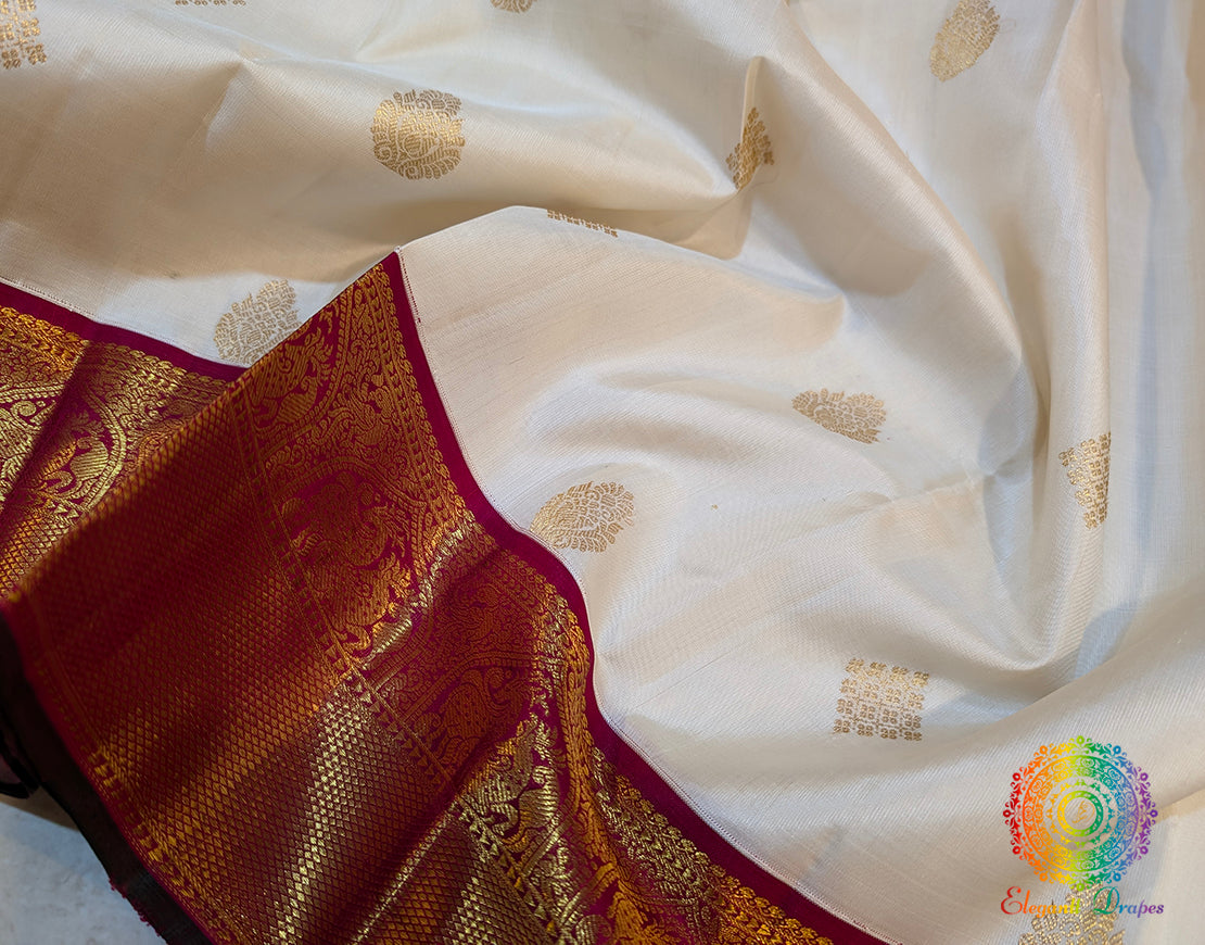 Off White Red Pure Kanjivaram Silk Saree – Handloom Saree Online India | Elegantt Drapes